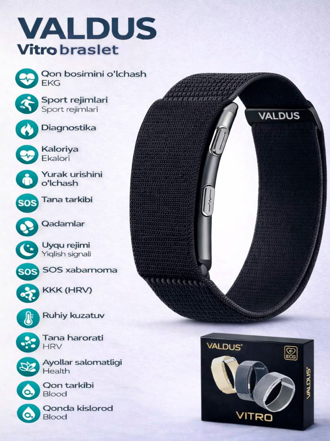 Valdus Vitro ECG aqlli fitnes bilaguzuk, salomatlikni monitoring qiluvchi Whoop analogi
